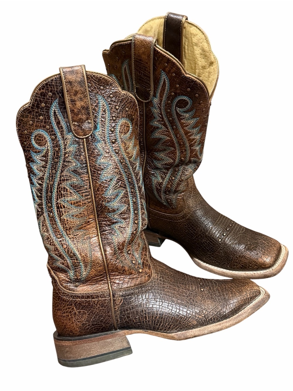 Ariat Brown montage crackle Western Cowboy Boots Turquoise Stitching size 7.5